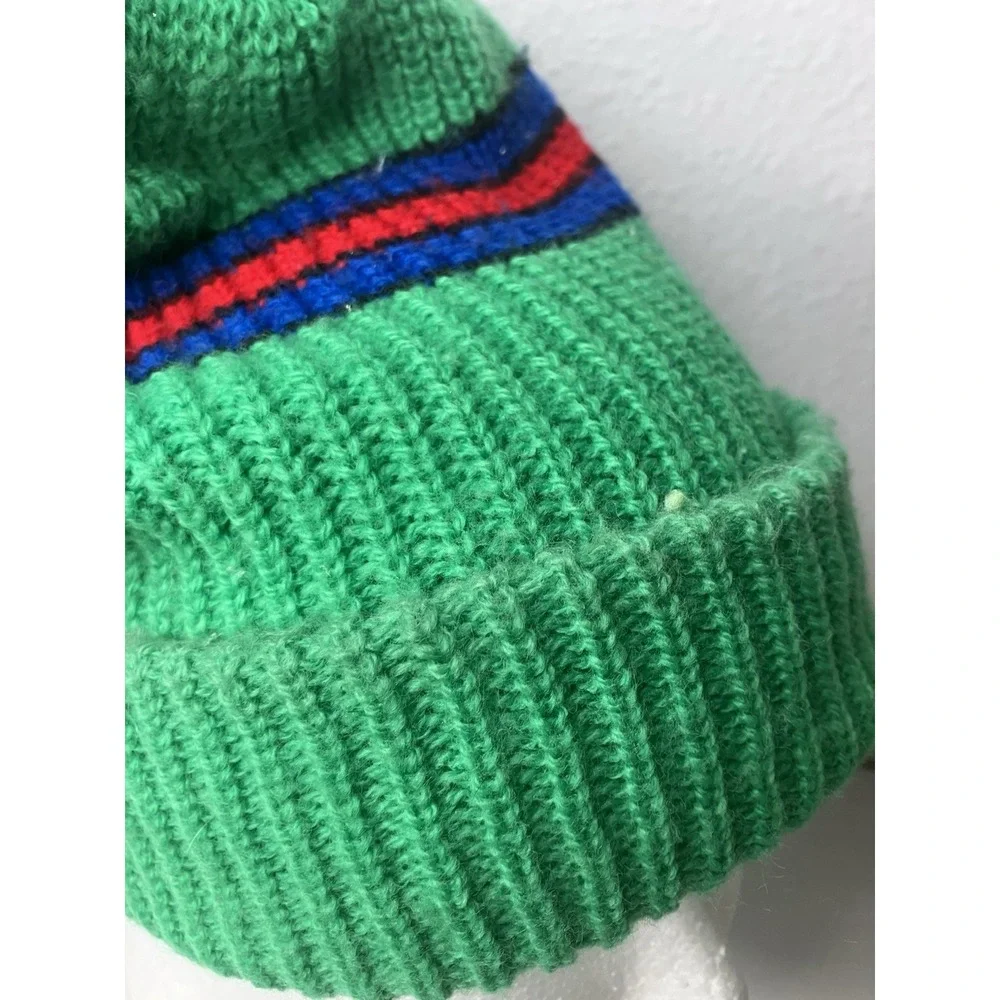Vintage Ribbed Knit Beanie Kelly Green Winter Ski Hat Big Pom Pom Retro - Picture 2 of 8